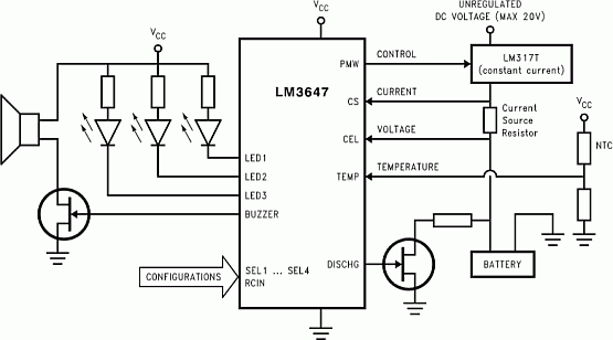 LM3647 charger circuit for battery.